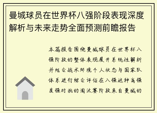 曼城球员在世界杯八强阶段表现深度解析与未来走势全面预测前瞻报告