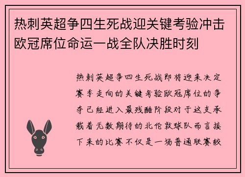 热刺英超争四生死战迎关键考验冲击欧冠席位命运一战全队决胜时刻